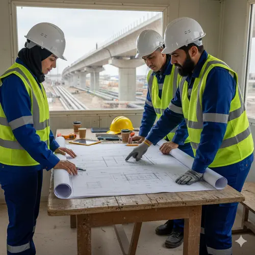Engineers reviewing blueprints